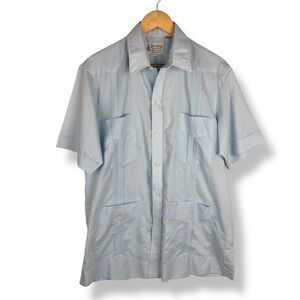 Ramon Puig Guayabera Mens Shirt Blue Size M L Linen Blend Pleats Cuban Vintage
